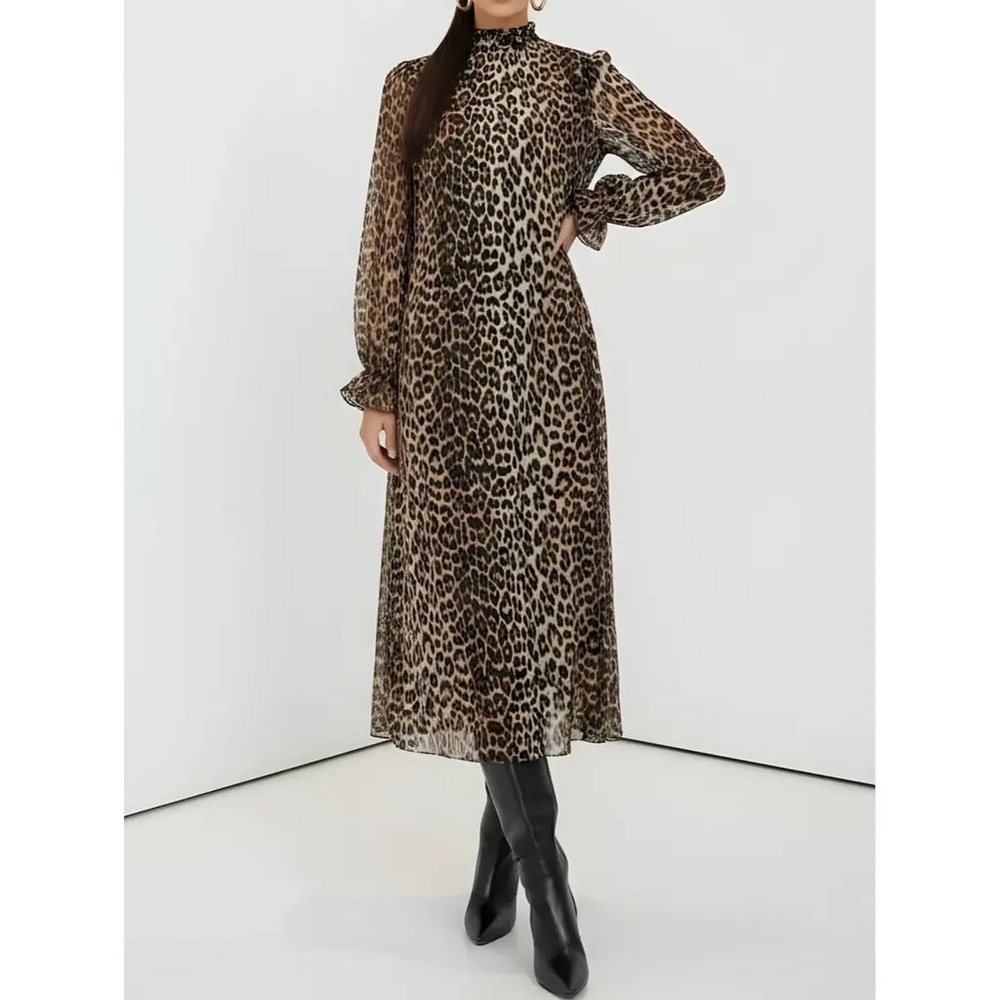 Ganni Leopard Print Long Sleeve Midi Dress in Brown and Black
